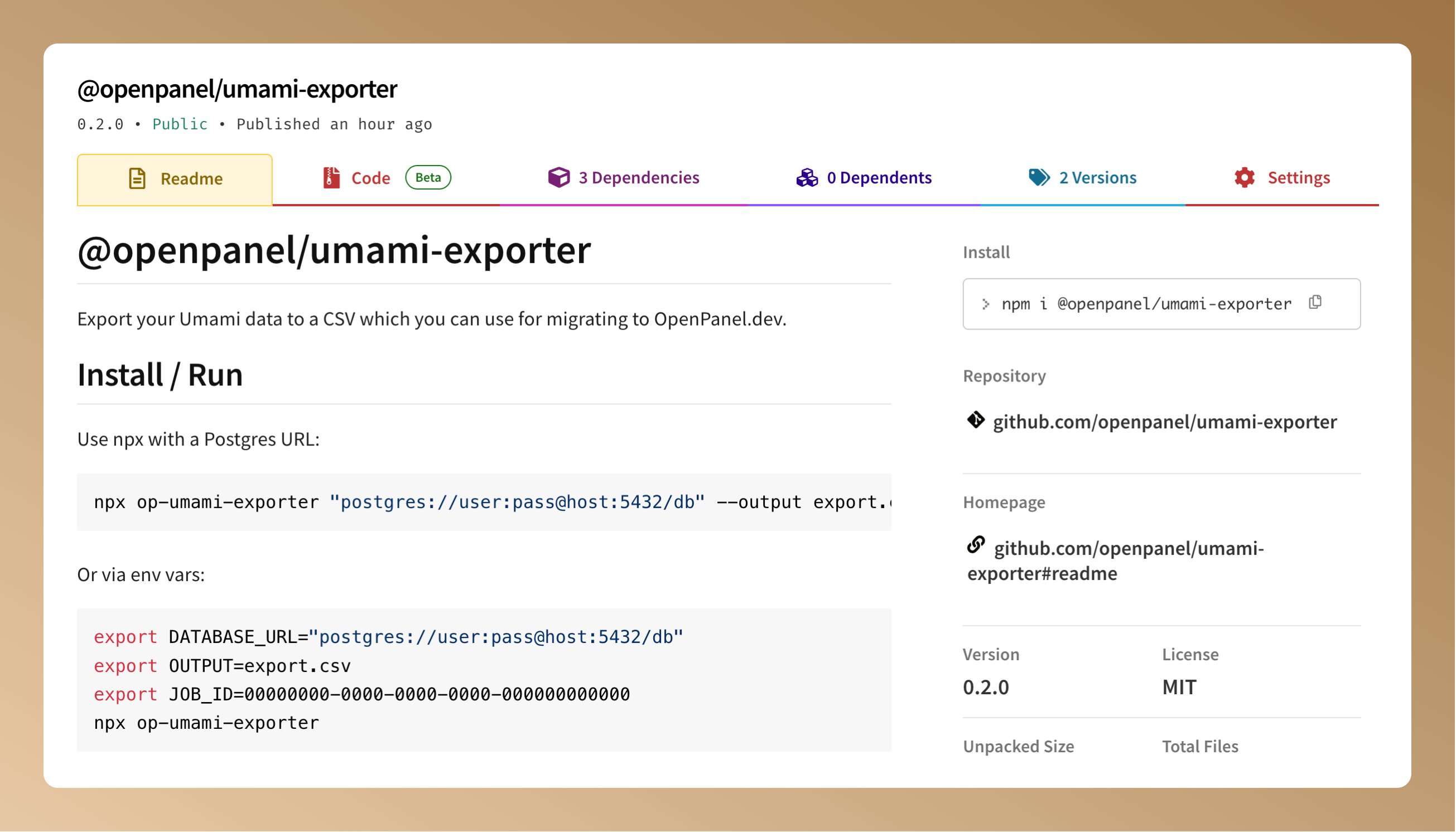 The Helion Umami exporter package on npm