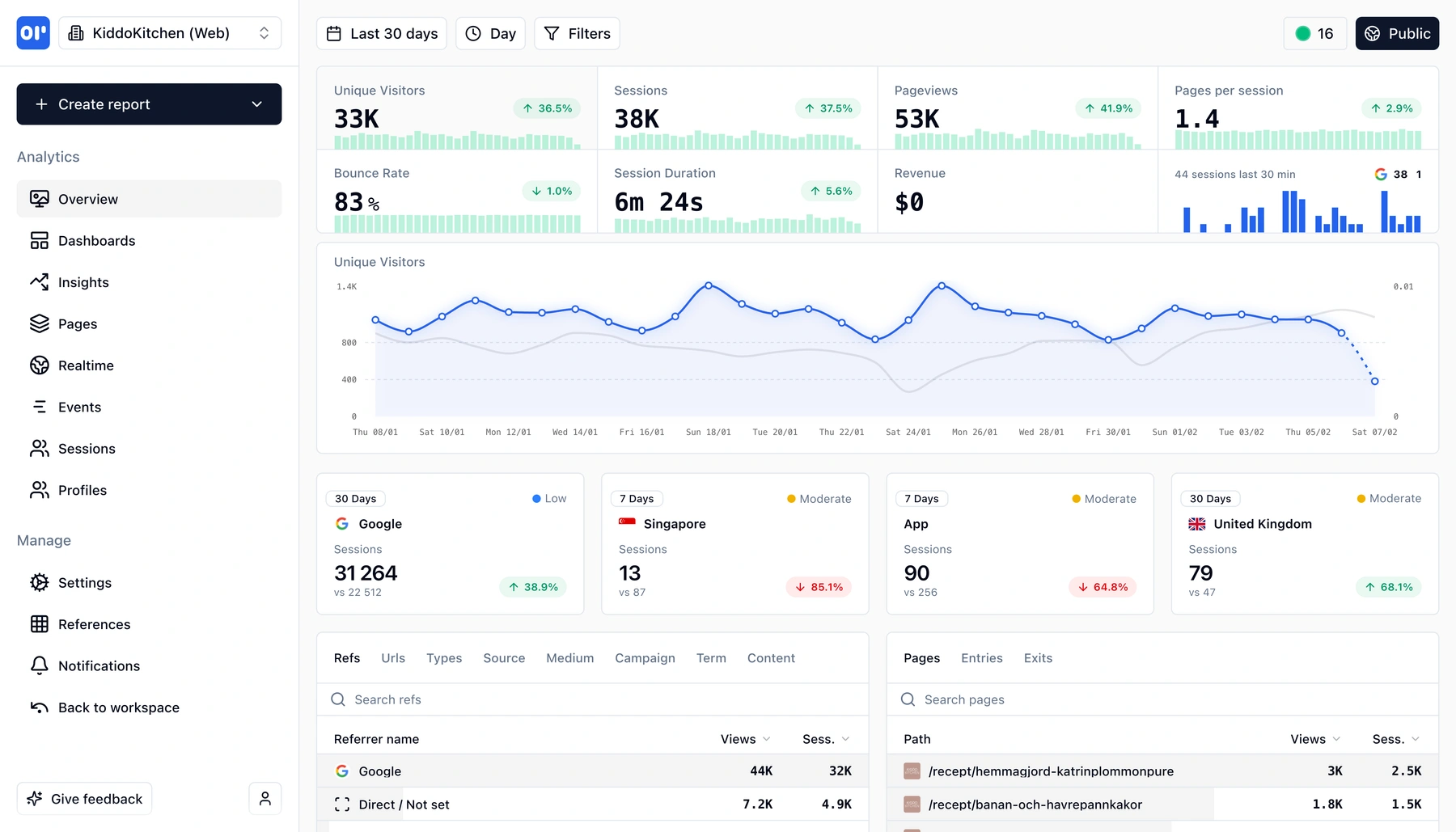 Helion web analytics overview dashboard showing visitors, sessions, sources, and geographic data